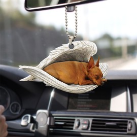 Talataca Brown Miniature Pinscher Sleeping Angel Animal Pet Dog Farmhouse 2D Flat Car Rear View Mirror Accessories Christmas Tree Ornament Decoration Hanging Charm Interior Rearview Pendant Decor Gift