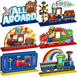 6 Pcs Railroad Train Wooden Table Centerpiece Railway Train Crossing Party Decoration Steam Tabletop Decorations for Birthday Home Party Baby Shower Supplies