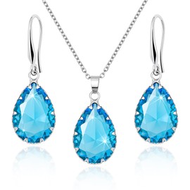 Linawe Silver Jewelry Sets for Women, Aquamarine Blue Necklace and Earring Set, Birthstone Crystal Imitation Diamond Pendant Necklace Set, Tear Drop Earrings Jewelry Set Costume
