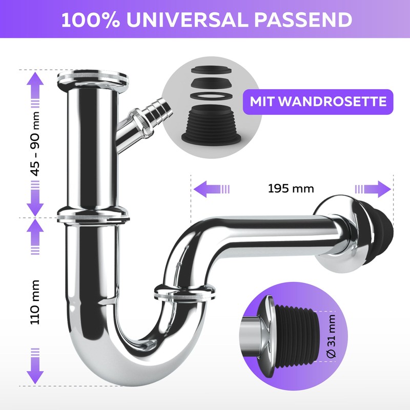 Universal Siphon for Washbasins and Washbasins with Device Connection -