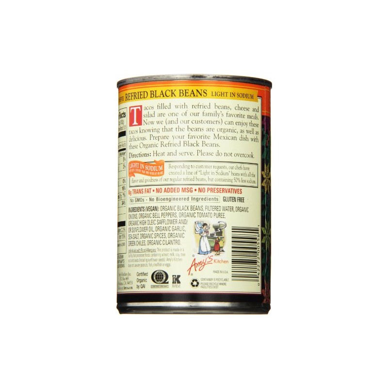 Amy's Organic Refried Black Beans Canned, Light in Sodium, Vegan,