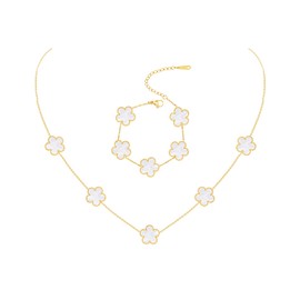 JIEMUCHU Gold Plated Stainless Steel Four Leaf Clover Bracelet and Necklace Jewelry Set for Women (White-Gold)