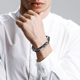 murtoo Mens Bracelet Leather and Steel, Stainless Steel Chain Bracelet with Braided Leather and Magnetic Clasp, Stylish Gift for Men Boys (Silver, Bright Black Leather, 8.5")