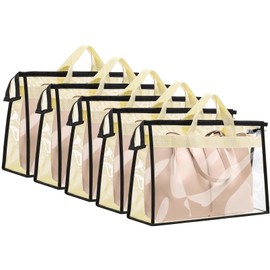 Erinnmy 5 Pack Dust Bags for Handbag,Clear Dust Cover Bags with Zipper and Handle,Breathable Handbag Storage Organizer,Waterproof Handbags Protector for Closet,4 x 13.4 x 4.7 inch,Beige