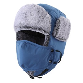 Home Prefer Men's Trapper Hat with Face Mask Faux Fur Trooper Trapper Hat for Men Winter Ushanka Hunting Hat Water Resistant (US, Alpha, One Size, Blue)