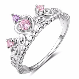 Bellitia Jewelry 925 Sterling Silver Crown Ring Crown Queen Brushed Elegant Ring with Heart Design Pink Zirconia Wedding Ring Engagement Schumuck Set, Sterling Silver, Cubic Zirconia