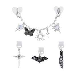 TAKEALOOKO Dust Plug Charm Chains for Kindle - 4Pcs Silver Star Moon Bat Dustplug & Phone Chain Bracelets Accessories Compatible for Kindle/E-Reader/Phones, Gift for Book Lovers Women Men