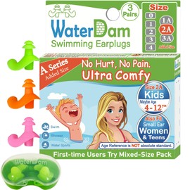 WaterDam A-Series Waterproof Swimming Earplugs Size 2A+2A+2A: Kids, Teens, Small and Medium Ears, Women, Green Orange Pink