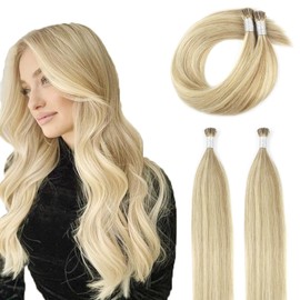 ABH AmazingBeauty Hair I tip Hair Extensions Pre Bonded Hair Extensions Human Hair Color Dirty Blonde Highlights with Bleach Blonde Fusion Real Hair Extensions 50strands 50 Grams 16 Inch