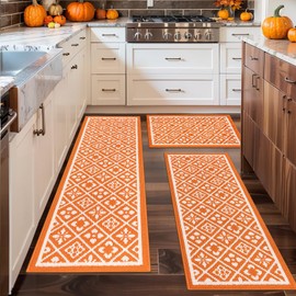 Ileading Fall Kitchen Rugs Set of 3 Piece Fall Kitchen Mats for Floor with Non Slip Backing,Washable Autumn Runner Rug for Sink Laundry Holiday Thanksgiving Decoration(Orange)