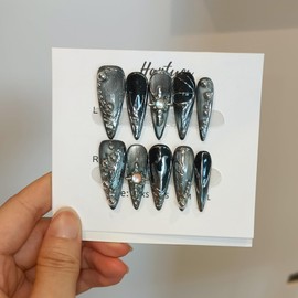 TENPAL Cat Eye Black & Mirror Powder Gradient Obsidian Press on Nails Long Stiletto,Hand-Painted Butterfly & Meteor Designs Fake Nails with Tools,3D Crystal Gothic Punk Nail Kit with Tools 10pcs(M)