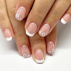 Press on Nails Short Square Fake Nails White French Tip Nails Press ons Glossy Glue on Nails Nude False Nails with Flower Designs Spring Acrylic Nails Daily Wear Simple Stick on Nails for Women 24Pcs