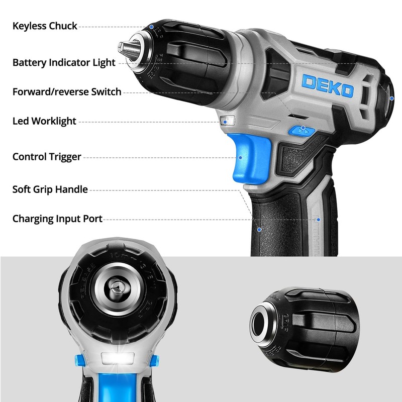 DEKOPRO Drill Set: Tool Set with 8V Blue Cordless Drill,