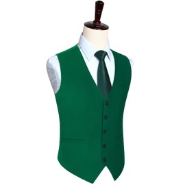 HISDERN Men's Dark Green Cotton Blend Business Formal V-Neck Suit Vest with 3 Pockets, Large