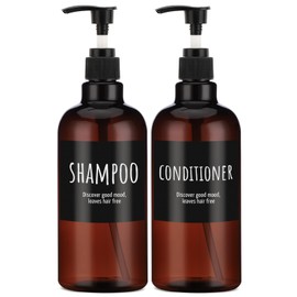 Segbeauty 500 ml Shampoo Dispenser Bottle, Pack of 2 Brown Shower Shampoo Bottles with Labels, 16.9 oz Empty Refillable Plastic Soap Lotion Bottle, Squeeze Hand Wash Shampoo Dispenser