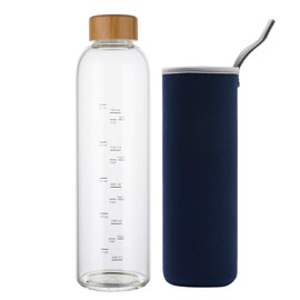 sunkey 32 oz Glass Water Bottle with Time Marker Bamboo Lid Neoprene Sleeve for to Go Travel Gym Home Reusable Eco Friendly Bpa Free (Navy Blue)