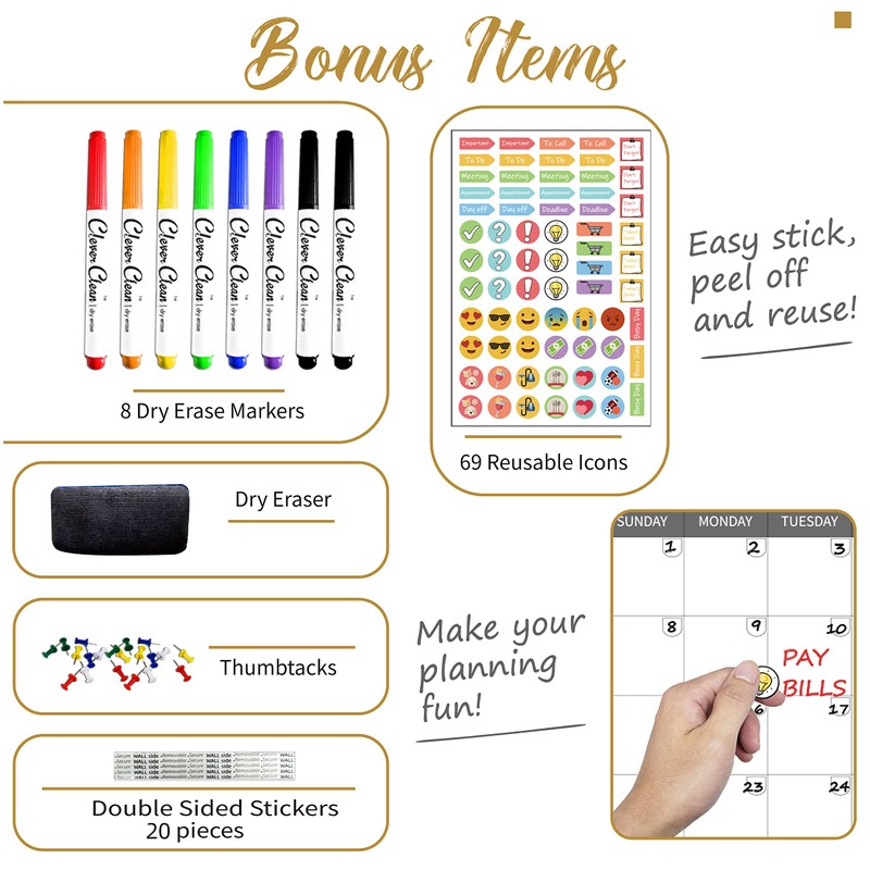 CLEVER CLEAN Large Dry Erase Wall Calendar 5 Feet- 48"x60"