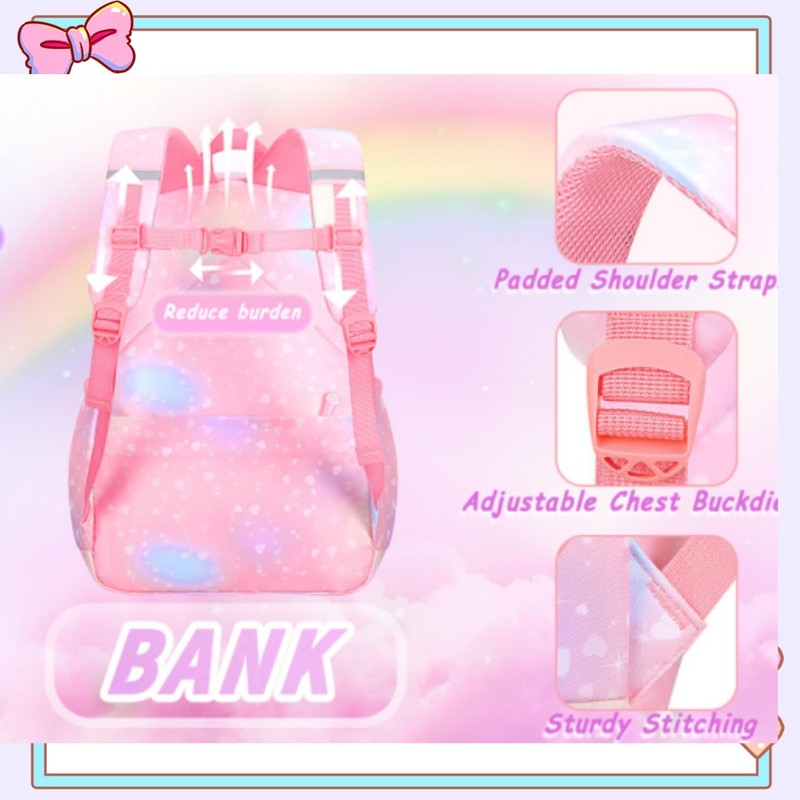 pisyae Girls Backpack,Rainbow Backpack for Girls-Kawaii Pink School Bookbag, Lightweight
