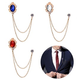 Huture 3 Packs Men's Gem Brooch Lapel Pin Badge Hanging Chains Collar Brooches Pin for Career Suit Tuxedo of Shirts Tie Hat Scarf for Boyfriend Father Birthday Gift, Gold White Red Blue, Alloy,