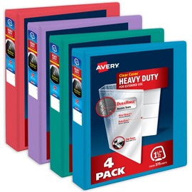 Avery Heavy-Duty View 3 Ring Binders, 1.5 Inch One Touch Slant Rings, 375-Sheet Capacity, DuraHinge, 2.1 Inch Wide Spine, Customizable Clear Cover and Spine, Bright Colors (4-Pack of 79633)