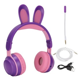 Yunseity Kids Headphones, Bluetooth 5.0 Headphones with Rabbit Ear, Over Ear LED Light Foldable Wireless Headset, Support TF/AUX, Gifts for Kids, Toddlers, Teens(Purple)