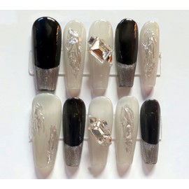 M·Q NAIL,Press on nails,Ink colored rose square long nails,Hand drawn,Includes 48 jelly glue and 2 cuticle sticks and 2 rubbing strips (Silver french, S)