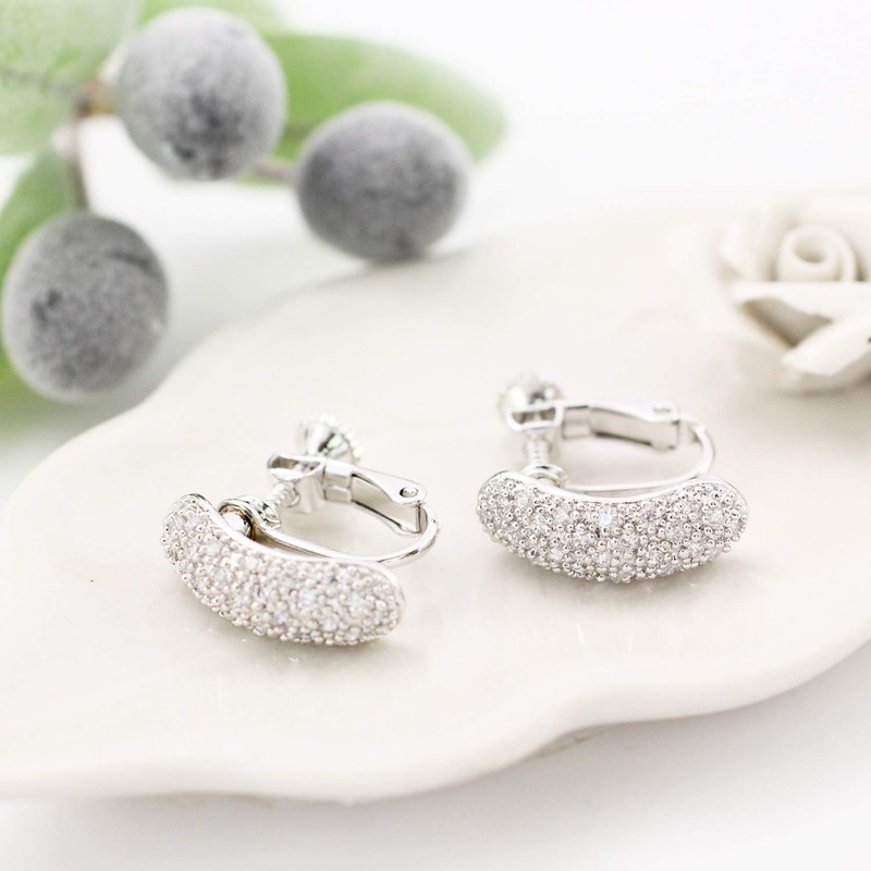 Barzaz Women's Earrings, Silver, Pave Simple, Screw Spring Type, Brass,