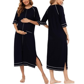 Veseacky Ladies Nightgown Zipper Nightdress 3/4 Sleeve &Half Sleeve Pajama Dress for Women (Black,M)
