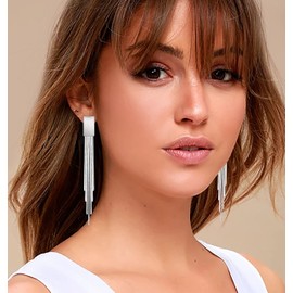 KristLand Retro 925 Sterling Silver Stud Earrings Tassel Long Dangle Stud Earrings White Gold Plated Weddings Bride Woman Jewellery Zirconia, White Gold Sterling Silver