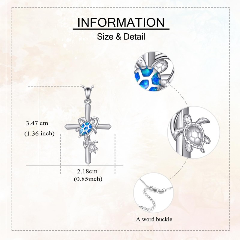 DAYLINLOVE Turtle Cross Chain 925 Sterling Silver Blue Opal Sea