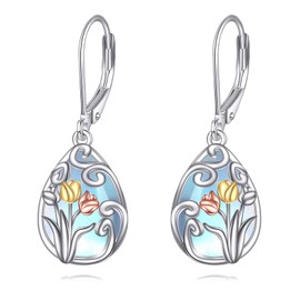 DAYLINLOVE Tulip Earrings 925 Sterling Silver Moonstone Dangle Leverback Earrings Tulip Moonstone Jewelry Gifts for Women Mother Friends