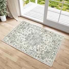 WondRg 2x3 Washable Neutral Area Rug Green Entryway Kitchen Non-Slip Low Pile Floral Carpet Door Mat Vintage Retro Soft Thin Small Throw Rug for Bathroom Bedroom Indoor Entrance
