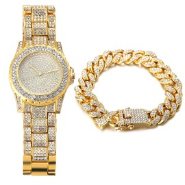 Halukakah Diamond Gold-Plated Watch, Men's 18 Carat Real Gold Plated/Platinum White Gold Plated Quartz Bracelet 22 cm, with Cuban Chain 20 cm Bracelet + 45 cm Necklace, Laboratory Diamonds, Free Gift