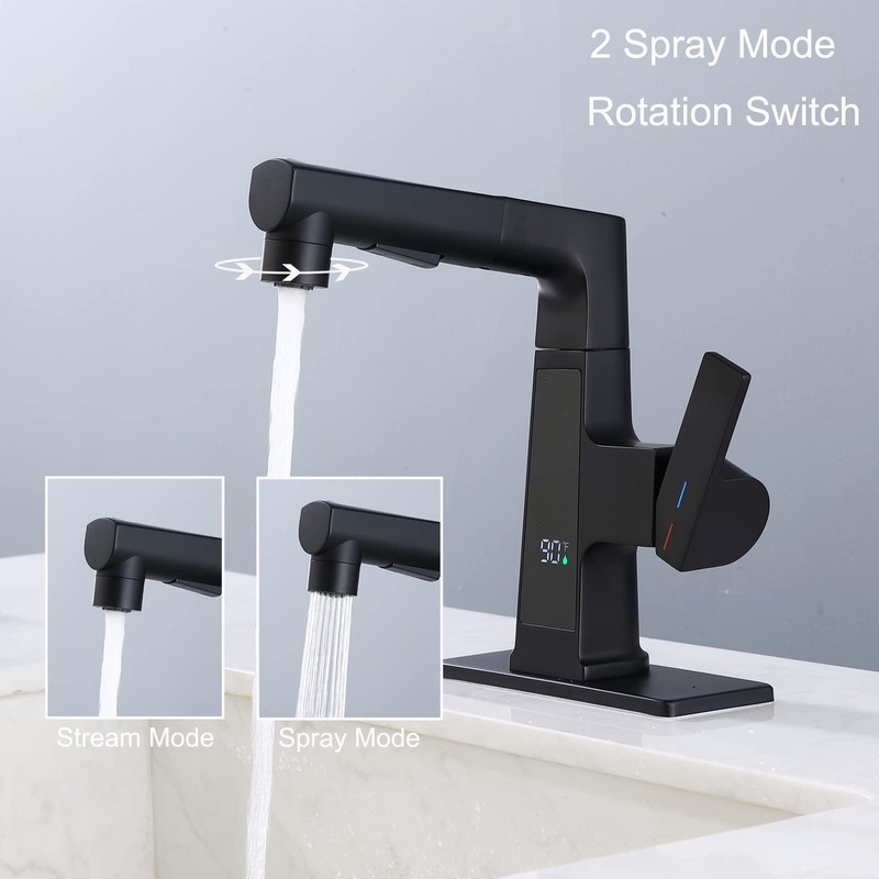 LED Bathroom Faucet with Pull Out Sprayer, Rzoeox Black Temperature