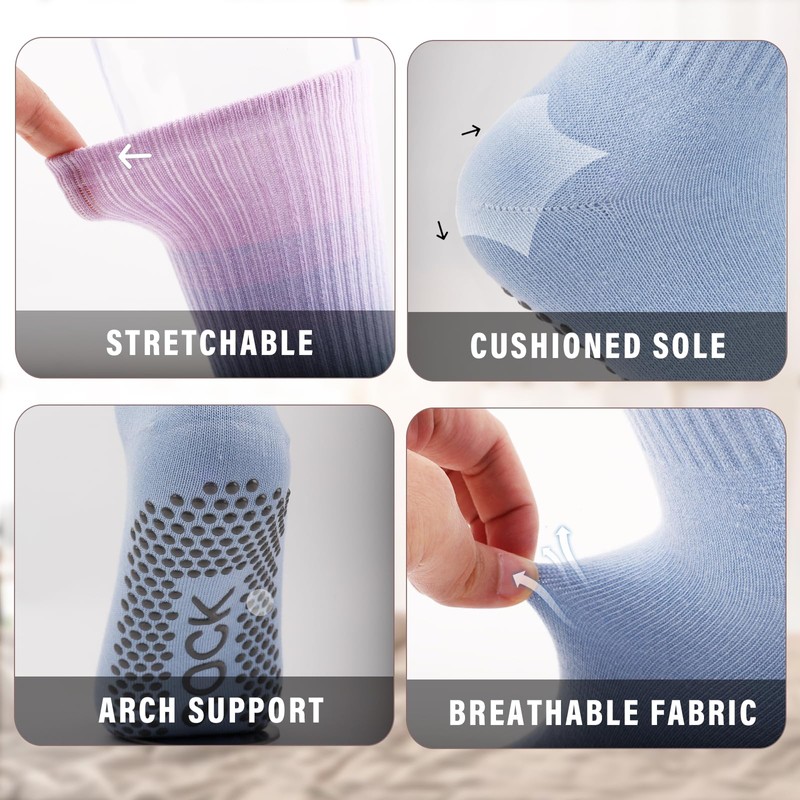 Fiohiros 4 Pairs Pilates Socks Seamless Design for Yoga, Pilates