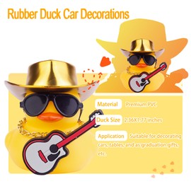 CoFuBcad Car Yellow Rubber Duck, Duck Dashboard Decoration with Cowboy Hat Necklace Sunglasses Mini Musical Instrument for Car Dashboard Decorations (ROSEO-Hat)