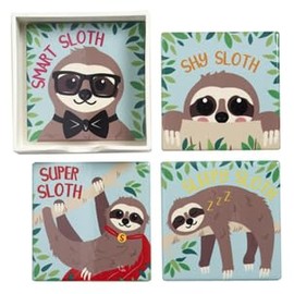 Decorative Sloth Ceramic Coasters with Holder, Set of 4, 10 cm x 10 cm, Grey