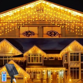 Acxilexy Solar Icicle Fairy Lights, 5 x 0.8 m, 128 LEDs, Icicle Curtain Lights with 8 Modes, Remote Control Icicle Fairy Lights, IP65 Waterproof Light Curtain for Christmas, Balcony, Garden
