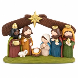 Pesebre Navideño de Poliresina, Nacimiento Multicolor de 1 Pieza, 18 x 4.5 x 12 cm, con Sagrada Familia y Reyes Magos, Decoración para Mesa y Repisa