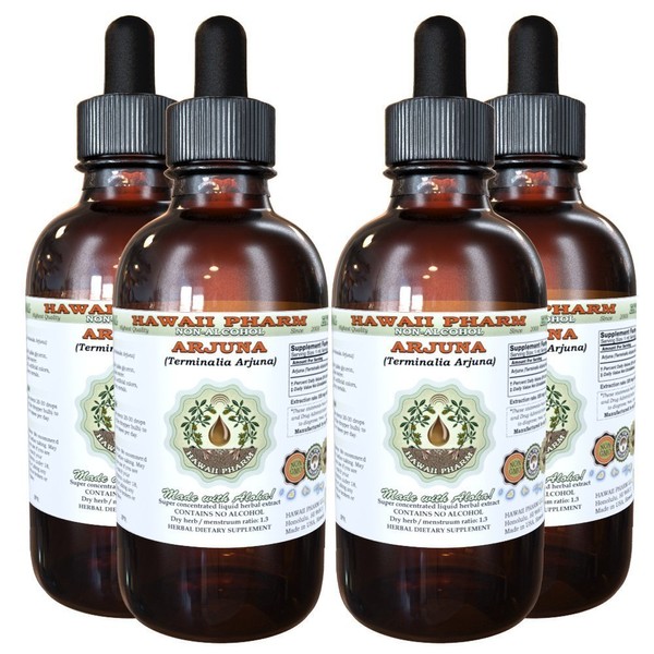 Arjuna Alcohol-Free Liquid Extract, Organic Arjuna (Terminalia Arjuna) Dried Bark Glycerite Hawaii Pharm Natural Herbal Supplement 4x4 oz