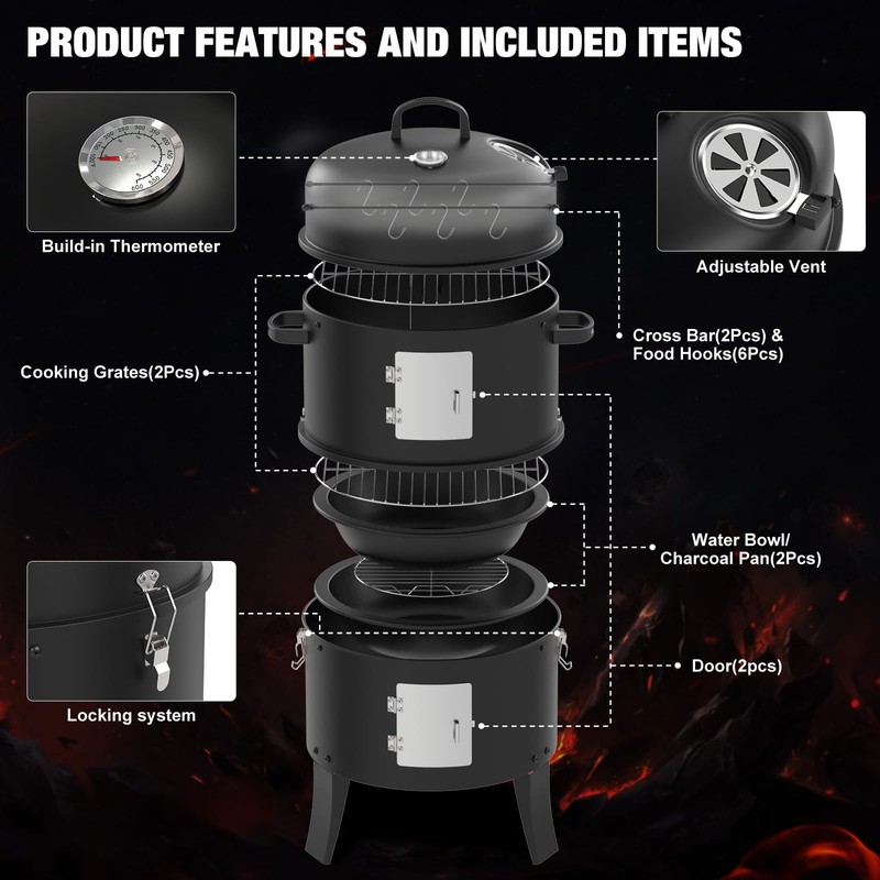 GRiliFE 16" Charcoal Smoker, 3 in 1 Heavy Duty Vertical
