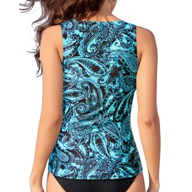 Daci Blue Paisley Tankini Tops for Women High Neck Swim Top Tummy Control Bathing Suit Top Modest Swim Tank Top No Bottom L