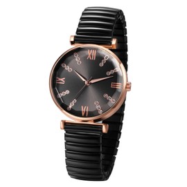 JewelryWe Women Elastic Band Watch: Easy Reader Analog Quartz Stretch Band Wristwatch Round Dial Black Casual Business Birthday for Mother's Day