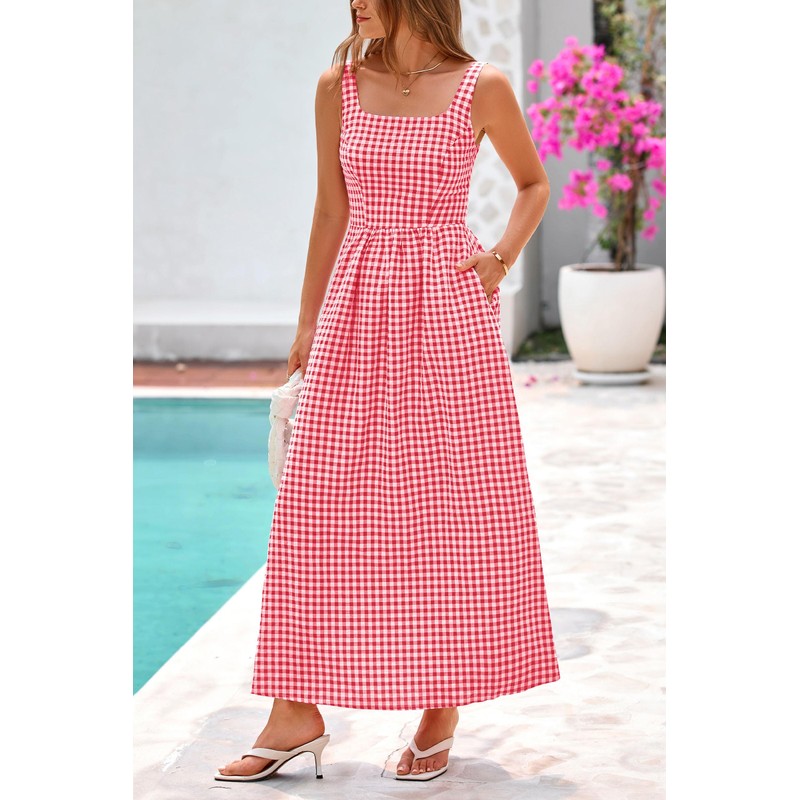 PRETTYGARDEN Women's 2025 Summer Spaghetti Strap Maxi Dresses Plaid Square