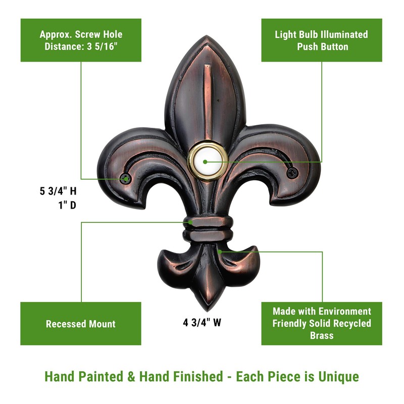 Waterwood Solid Brass Medium Fleur De Lis Doorbell in Oil