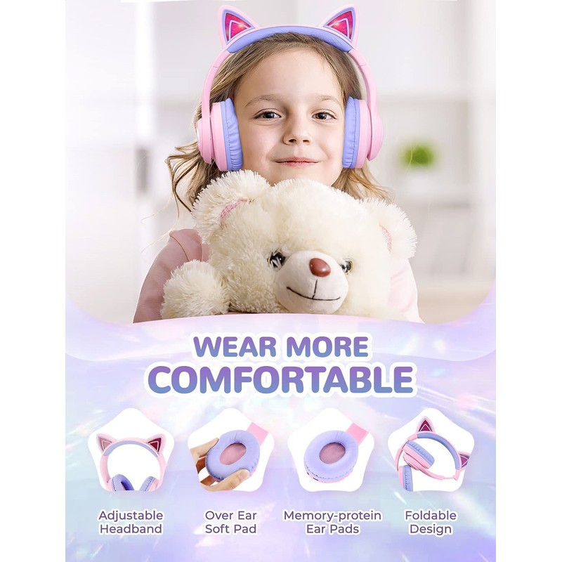iClever Bluetooth Kids Headphones, BTH13 Cat Ear LED Light Up