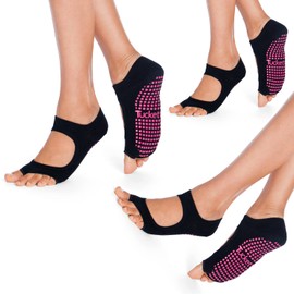 Tucketts Allegro Women Toeless Non-Slip Grip Socks - Yoga, Pilates, Barre, Dance, Workout - L/XL - 3 Pack Black Swan