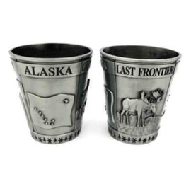 Alaska Zinc Alloy 3D Shot Glass Antique - Moose, Bear, Map, and Flag (Pewter), Small, Red or Silver
