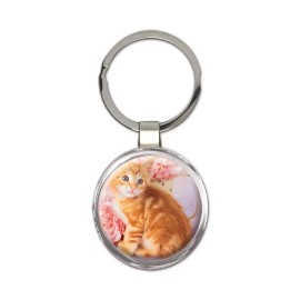 Cat : Gift Round Keychain Cute Animal Kitten Funny Friend Flowers Pet Pink