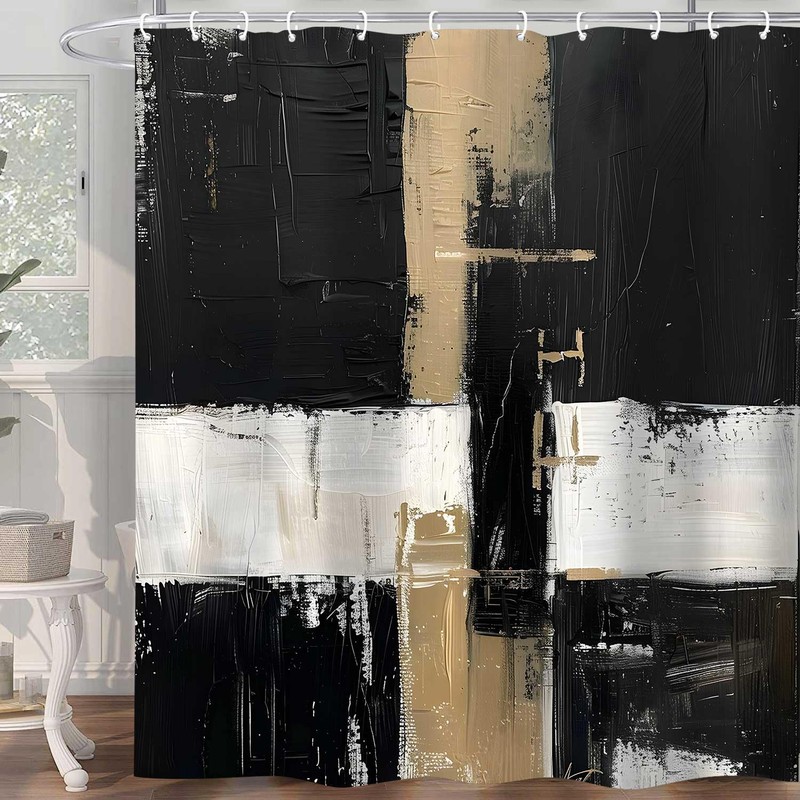 Oil Painting Abstract Shower Curtain, Boho Black White Brown Rectangle